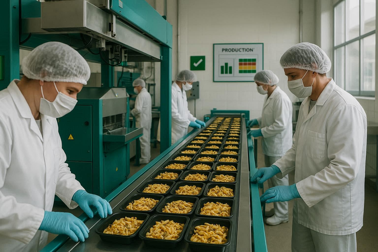 Linha de produção de alimentos com controle visual e padrões Lean